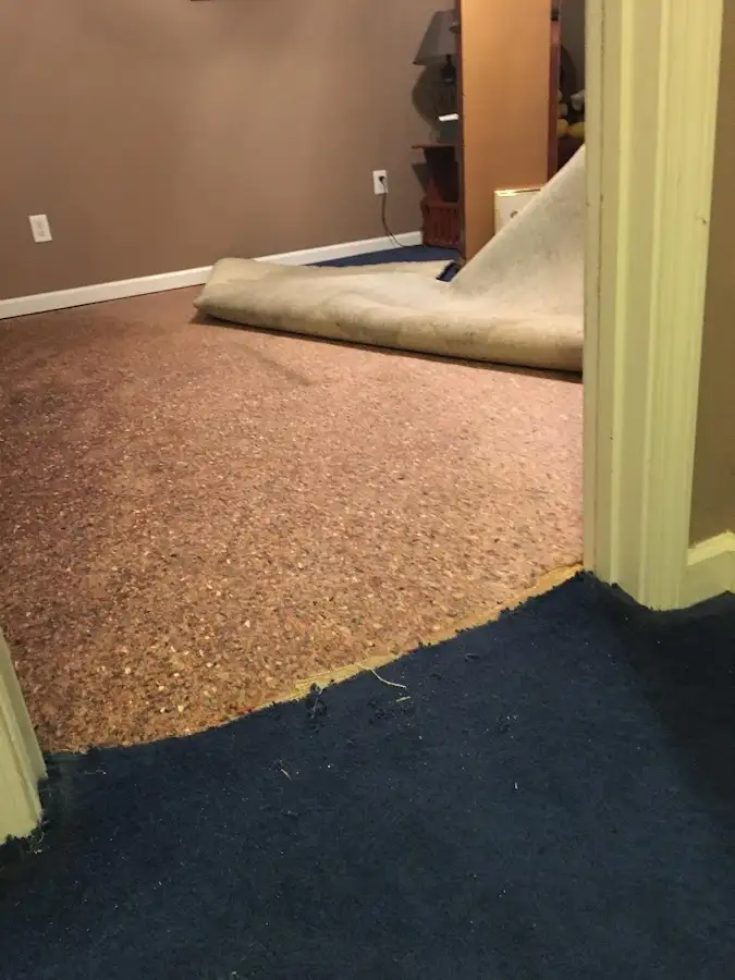 Carpet pad removal revealing water damage during Water Mitigation Services in Lynwood